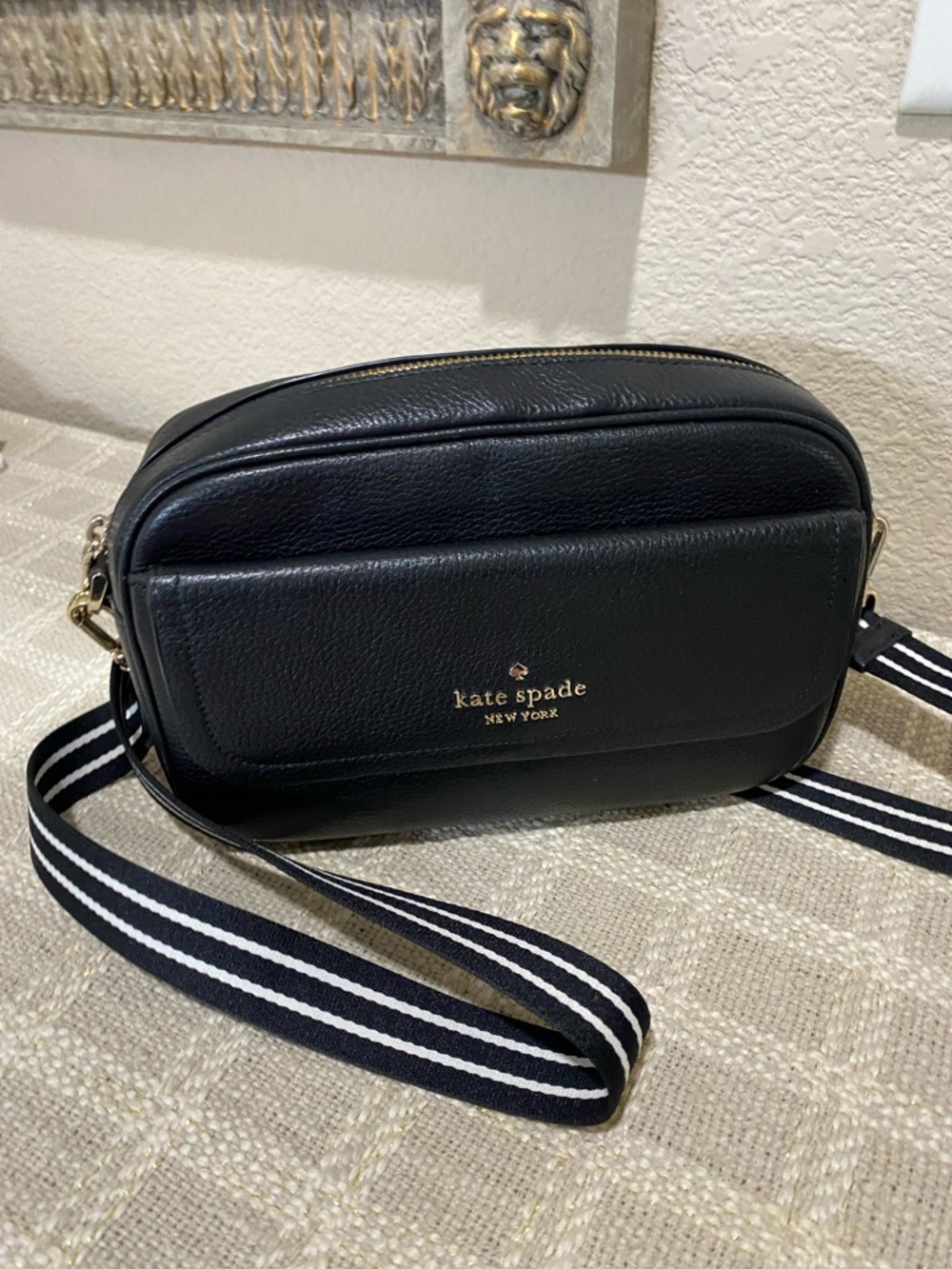 kate spade black leather camera bag with striped strap
